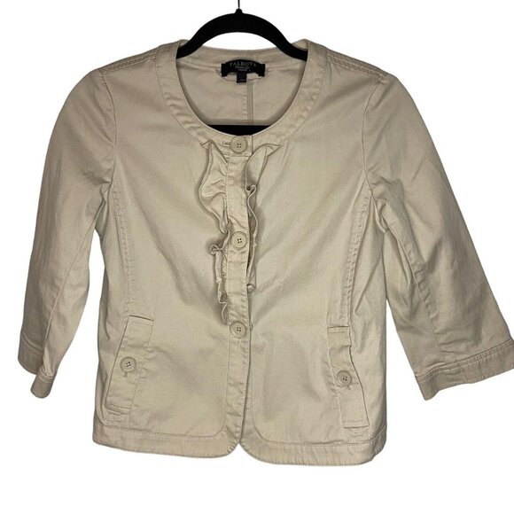 Talbots petite women size 2p neckline ruffles khaki tan‎ blazer Button Pockets - Picture 1 of 7